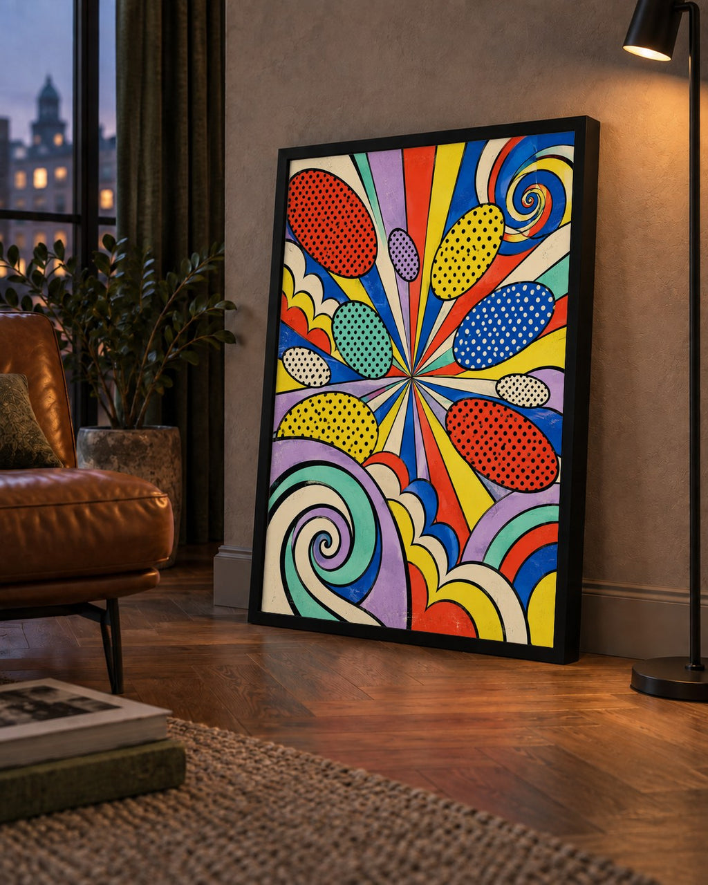 Retro Pop Art Desenli Renkli Patlayan Çizgili Poster — çerçeveli hâliyle bir ev duvarında