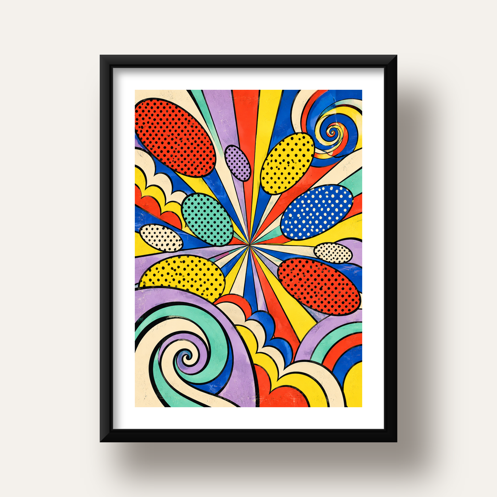 Retro Pop Art Desenli Renkli Patlayan Çizgili Poster — siyah derin çerçeveli paspartulu