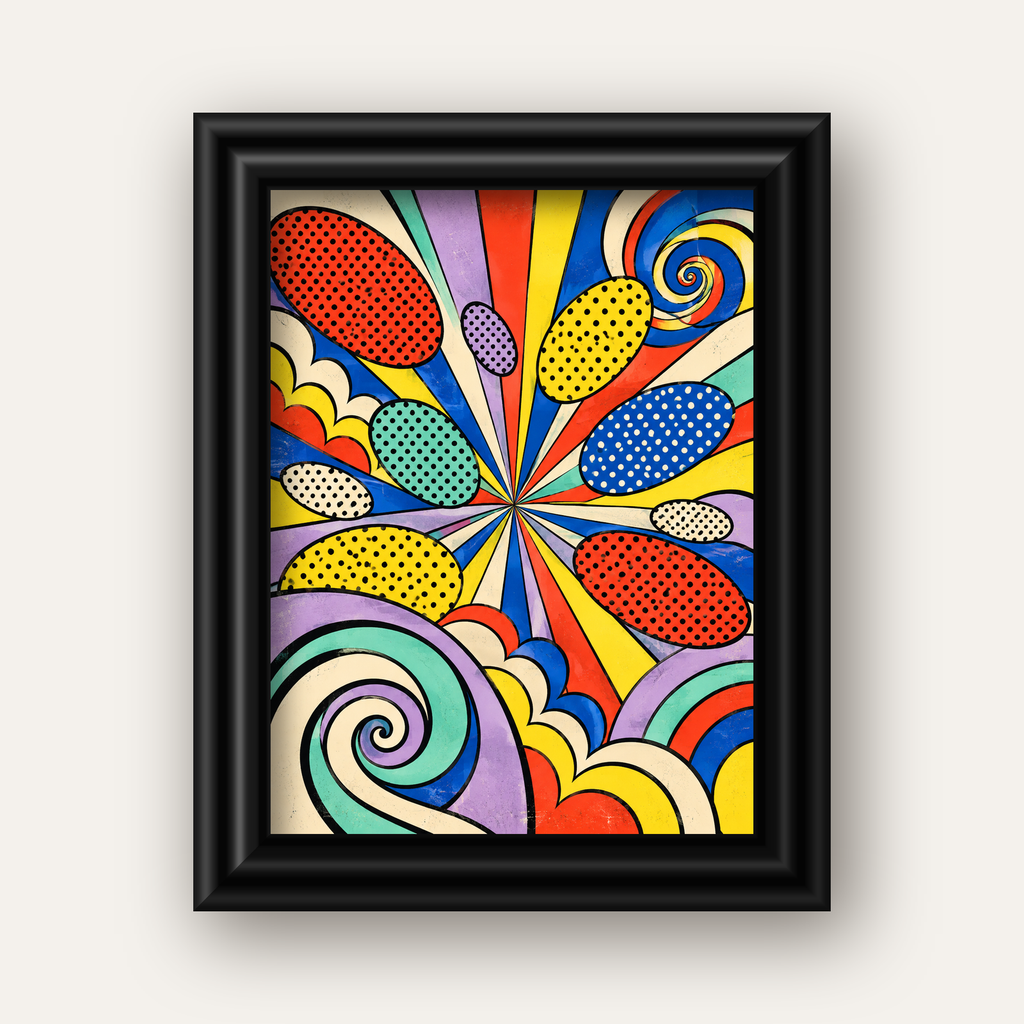 Retro Pop Art Desenli Renkli Patlayan Çizgili Poster — siyah galeri çerçeveli