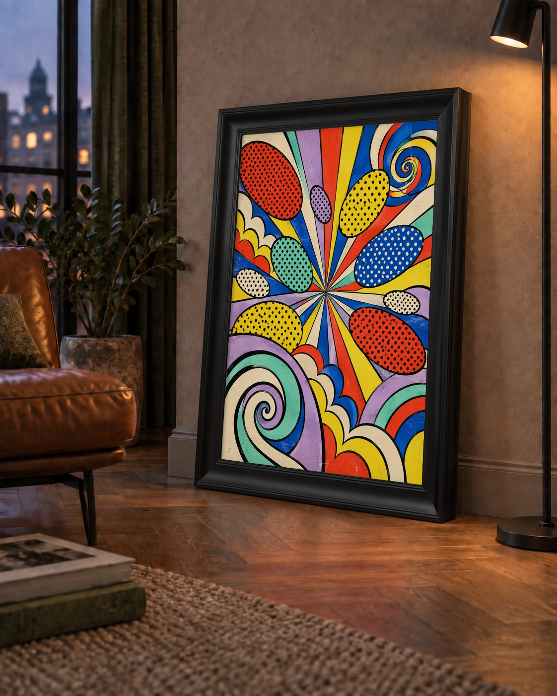 Retro Pop Art Desenli Renkli Patlayan Çizgili Poster — çerçeveli hâliyle bir ev duvarında