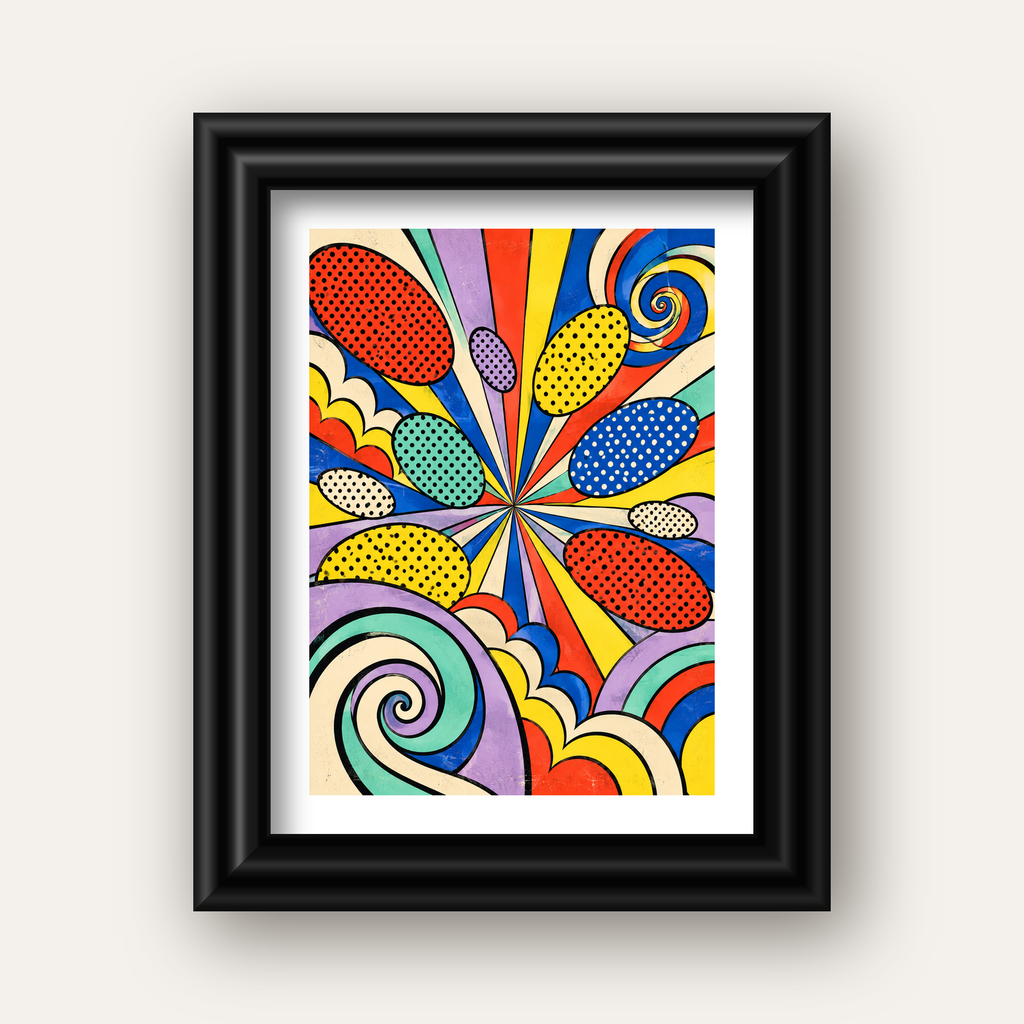 Retro Pop Art Desenli Renkli Patlayan Çizgili Poster — siyah galeri çerçeveli paspartulu