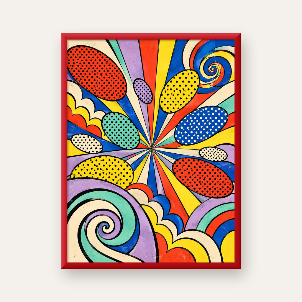 Retro Pop Art Desenli Renkli Patlayan Çizgili Poster — kırmızı çerçeveli