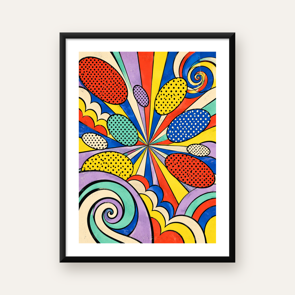 Retro Pop Art Desenli Renkli Patlayan Çizgili Poster — Dikey baskı, beyaz paspartulu