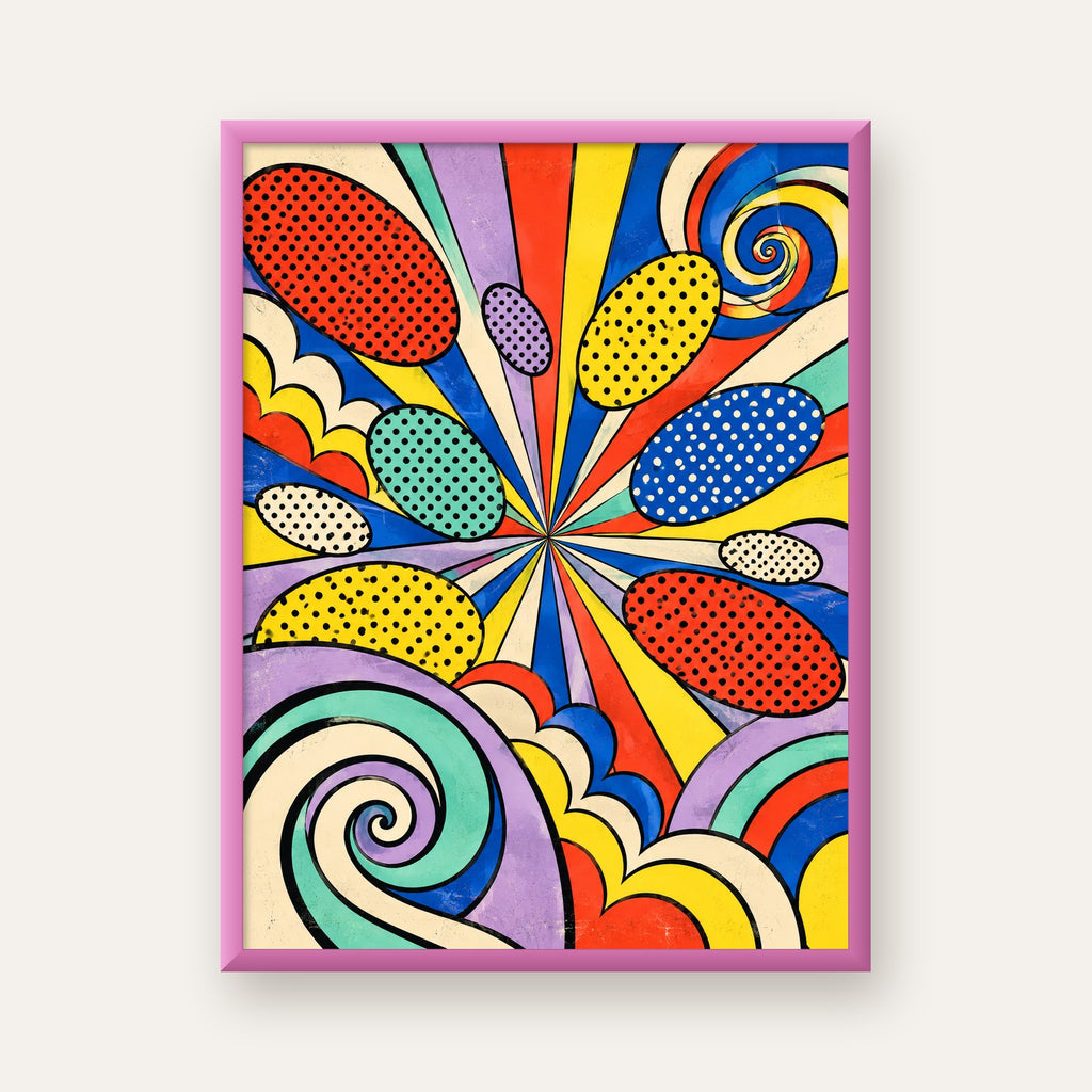 Retro Pop Art Desenli Renkli Patlayan Çizgili Poster — pembe çerçeveli