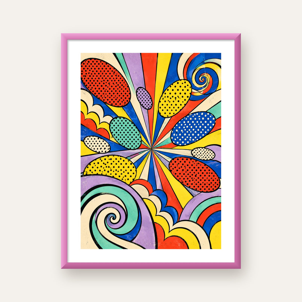 Retro Pop Art Desenli Renkli Patlayan Çizgili Poster — pembe çerçeveli paspartulu