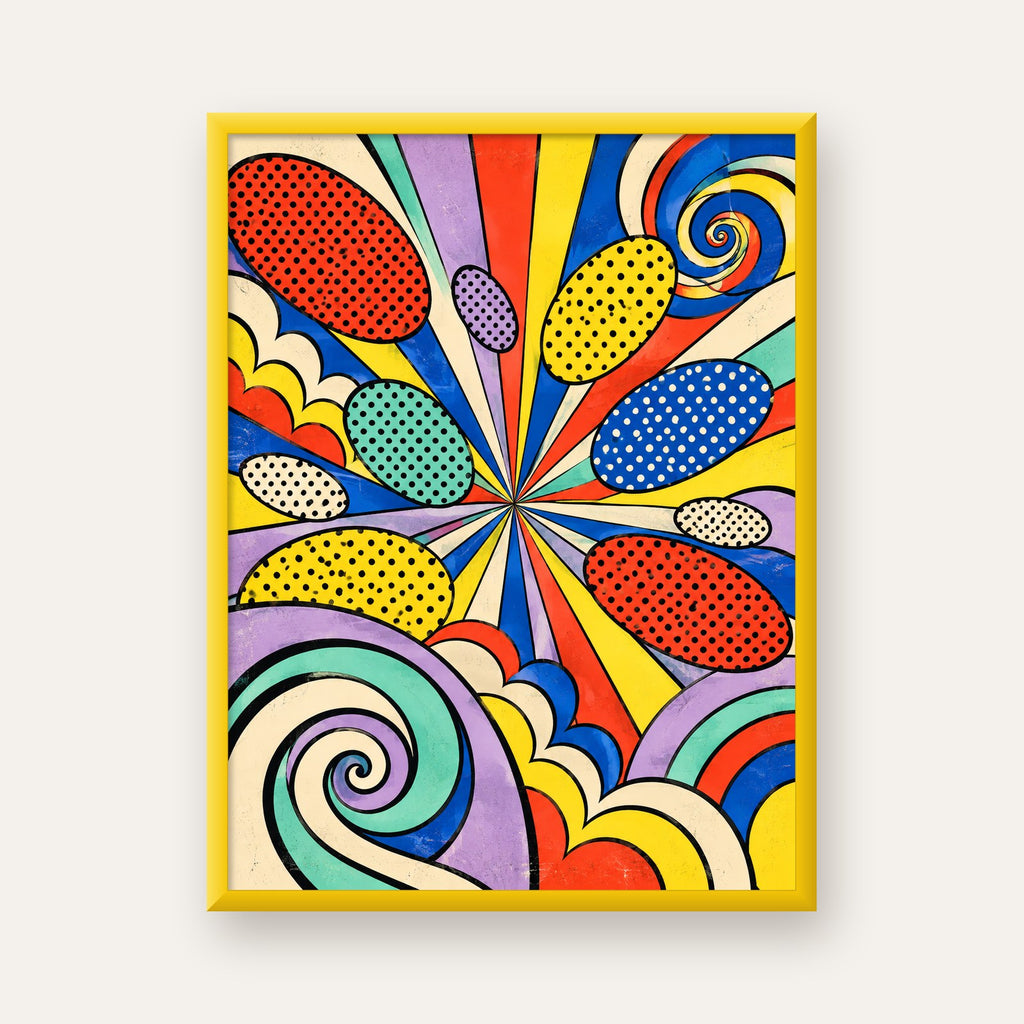 Retro Pop Art Desenli Renkli Patlayan Çizgili Poster — sarı çerçeveli