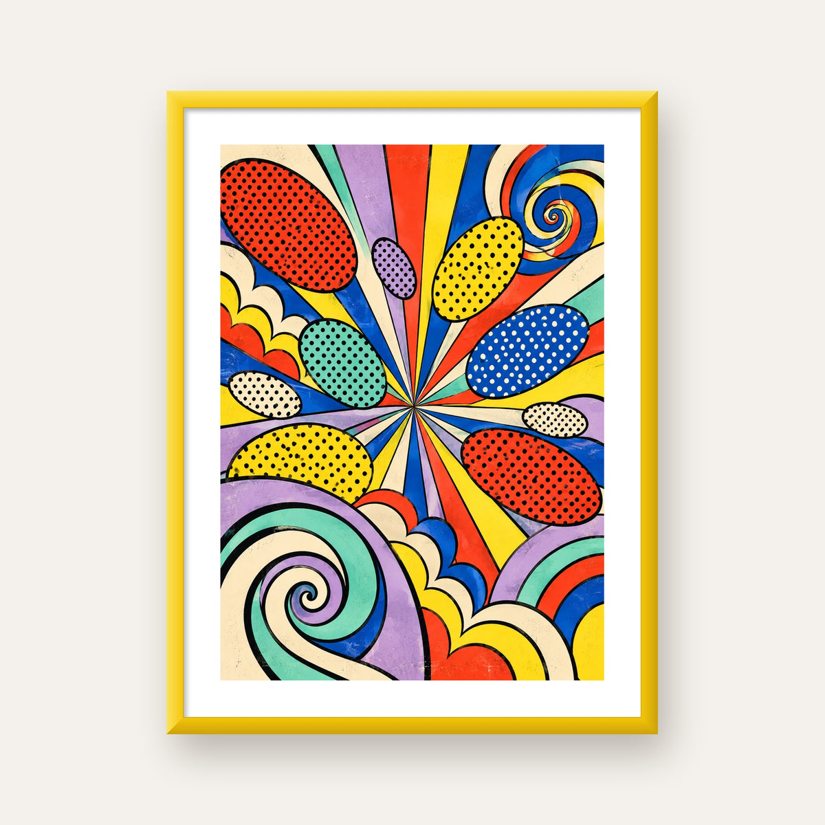Retro Pop Art Desenli Renkli Patlayan Çizgili Poster — sarı çerçeveli paspartulu