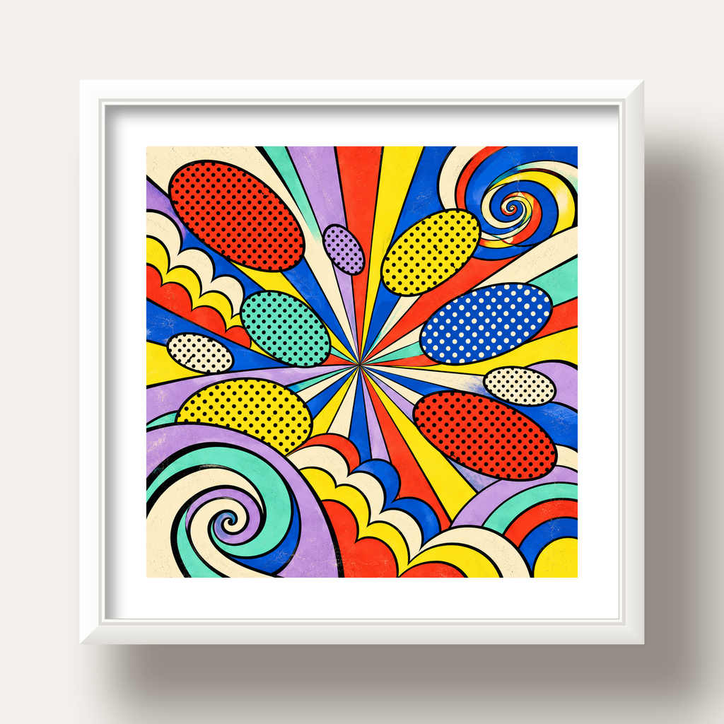 Retro Pop Art Desenli Renkli Patlayan Çizgili Poster — beyaz derin çerçeveli paspartulu