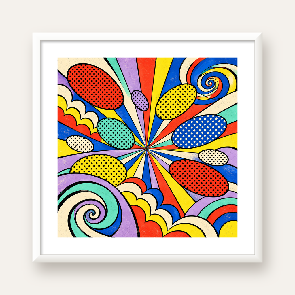 Retro Pop Art Desenli Renkli Patlayan Çizgili Poster — beyaz çerçeveli kare poster