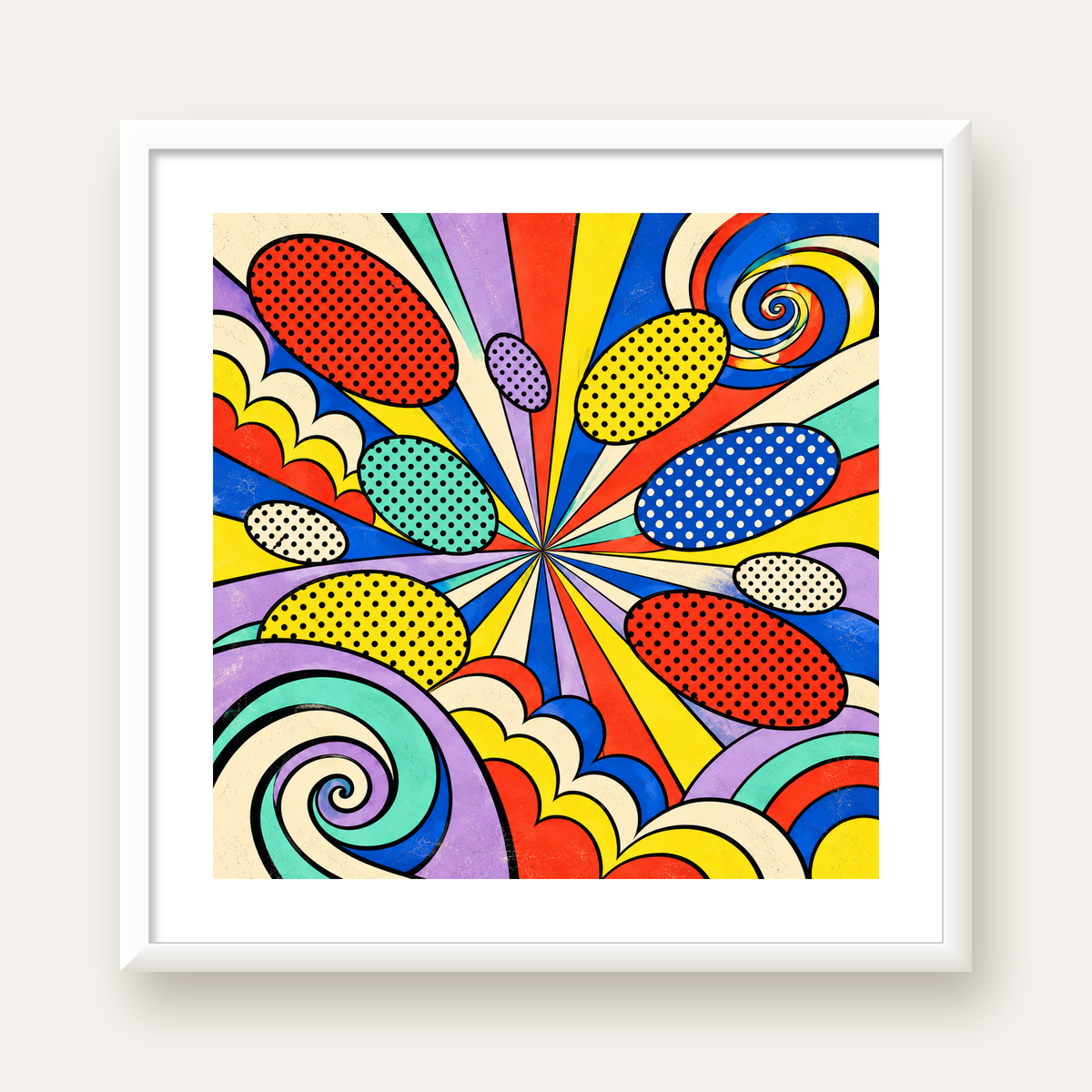 Retro Pop Art Desenli Renkli Patlayan Çizgili Poster — beyaz çerçeveli kare poster