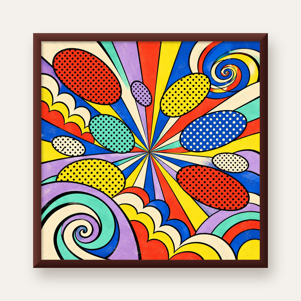 Retro Pop Art Desenli Renkli Patlayan Çizgili Poster — ceviz çerçeveli