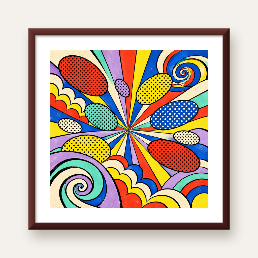 Retro Pop Art Desenli Renkli Patlayan Çizgili Poster — ceviz çerçeveli paspartulu