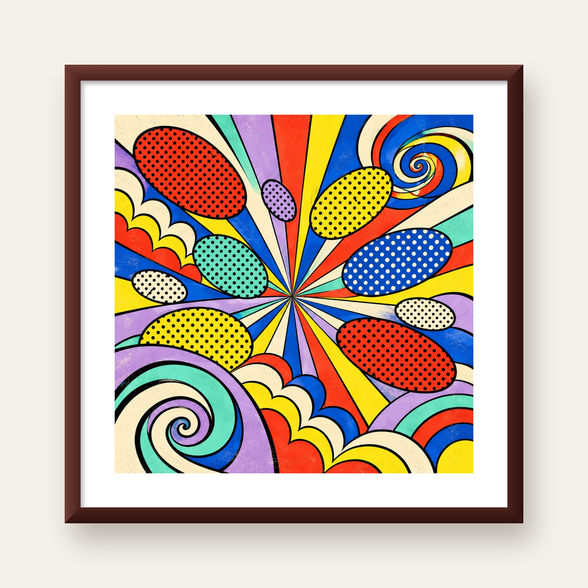 Retro Pop Art Desenli Renkli Patlayan Çizgili Poster — ceviz çerçeveli paspartulu