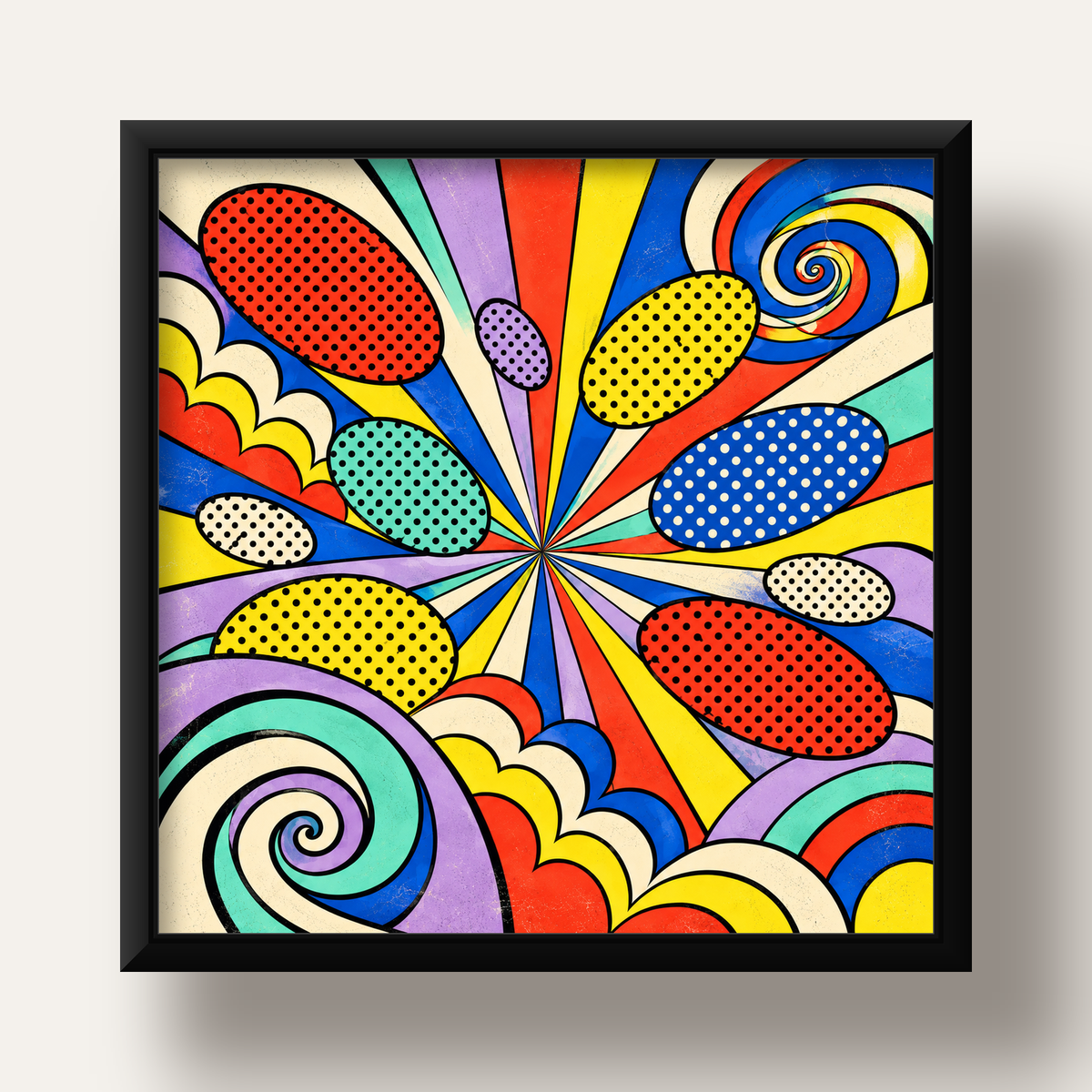 Retro Pop Art Desenli Renkli Patlayan Çizgili Poster — siyah derin çerçeveli