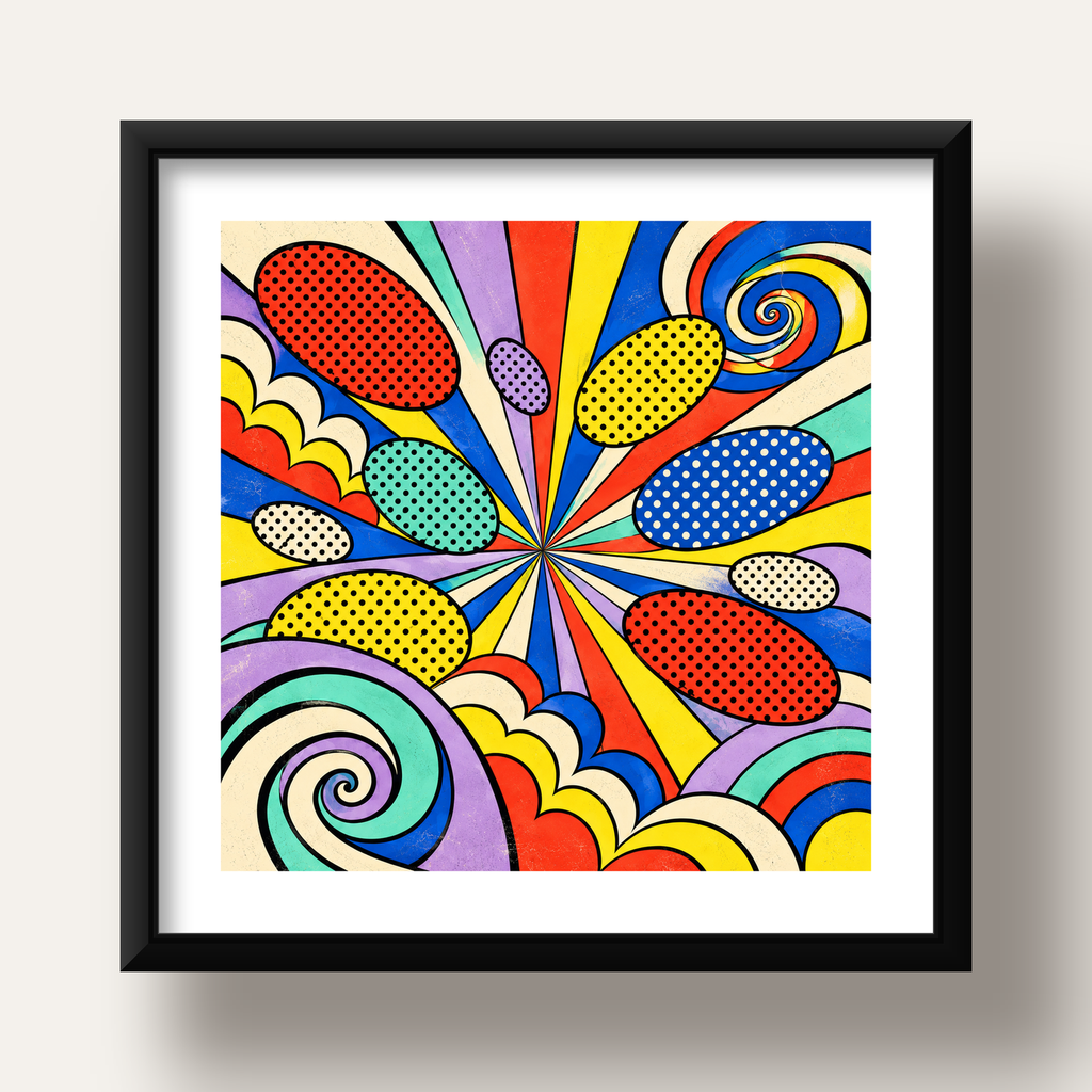 Retro Pop Art Desenli Renkli Patlayan Çizgili Poster — siyah derin çerçeveli paspartulu