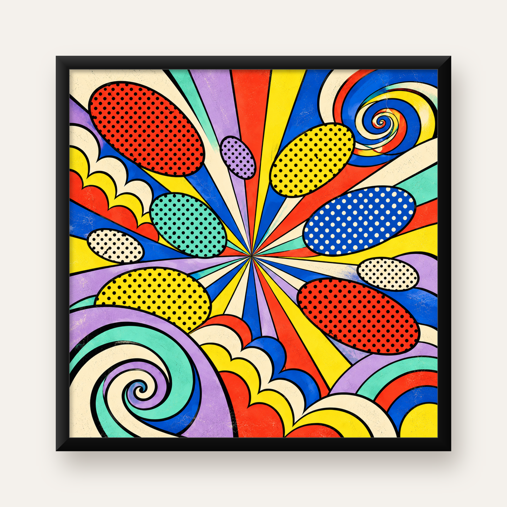 Retro Pop Art Desenli Renkli Patlayan Çizgili Poster — Kare baskı, düz siyah çerçeveli duvar posteri