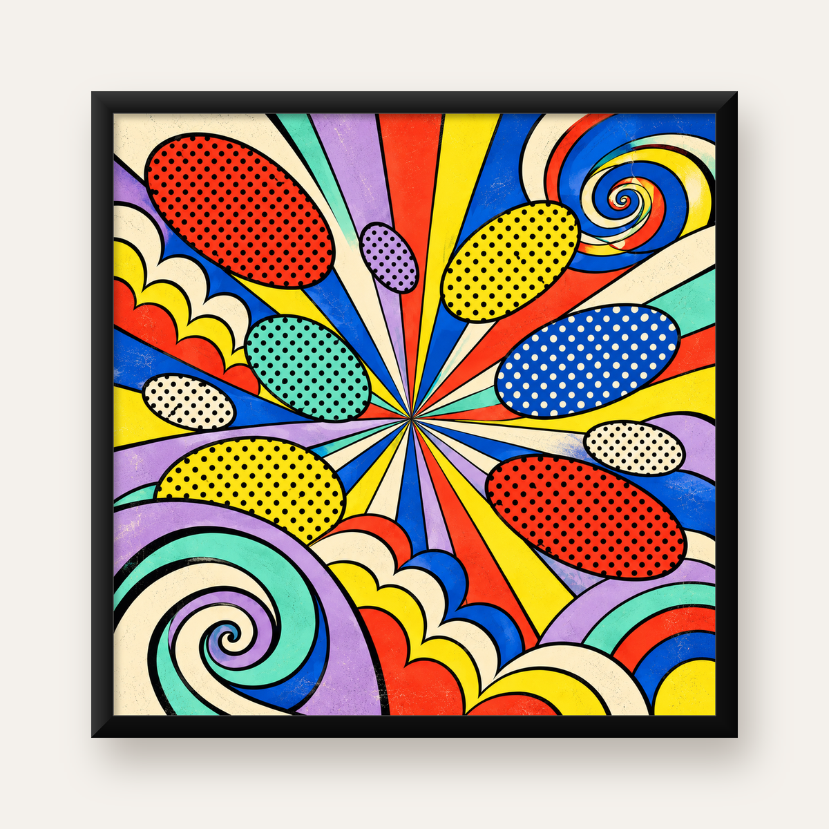 Retro Pop Art Desenli Renkli Patlayan Çizgili Poster — Kare baskı, düz siyah çerçeveli duvar posteri