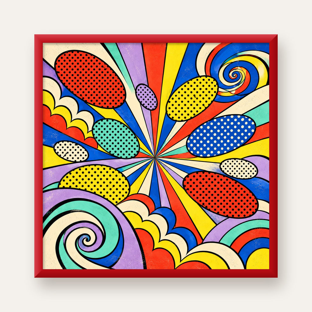 Retro Pop Art Desenli Renkli Patlayan Çizgili Poster — kırmızı çerçeveli