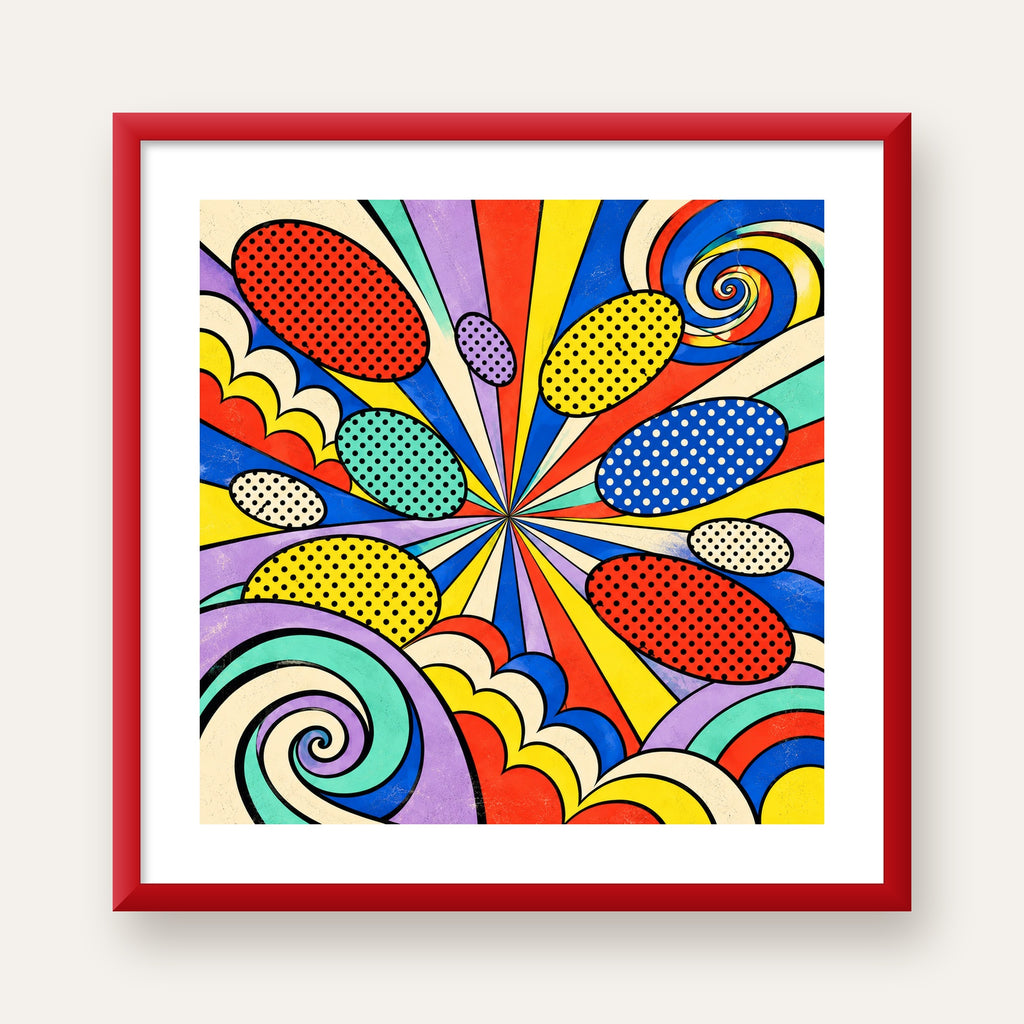 Retro Pop Art Desenli Renkli Patlayan Çizgili Poster — kırmızı çerçeveli paspartulu