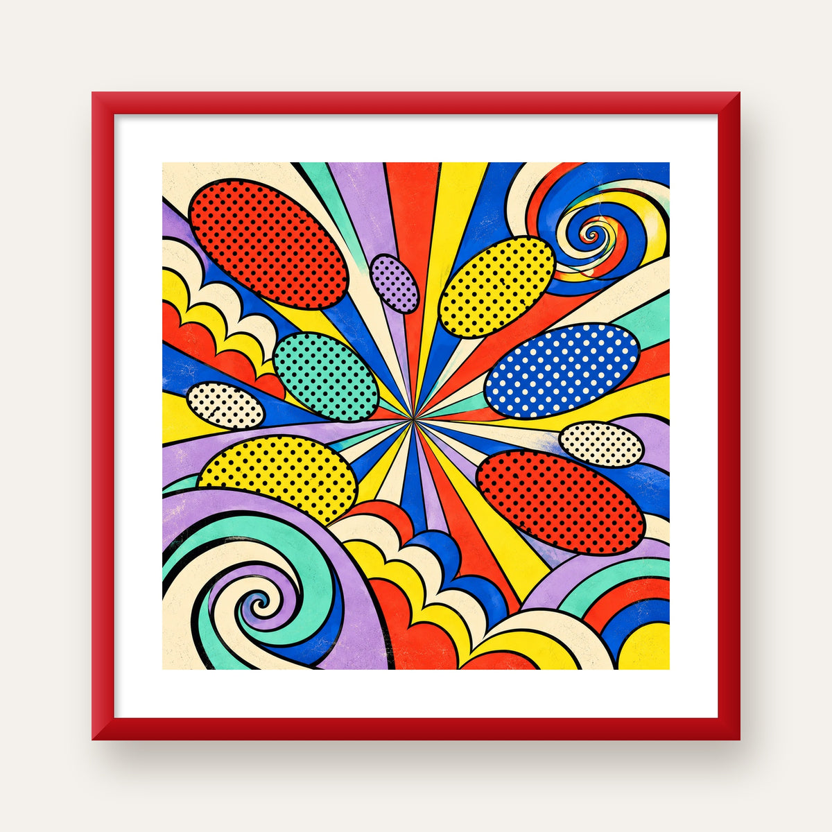 Retro Pop Art Desenli Renkli Patlayan Çizgili Poster — kırmızı çerçeveli paspartulu