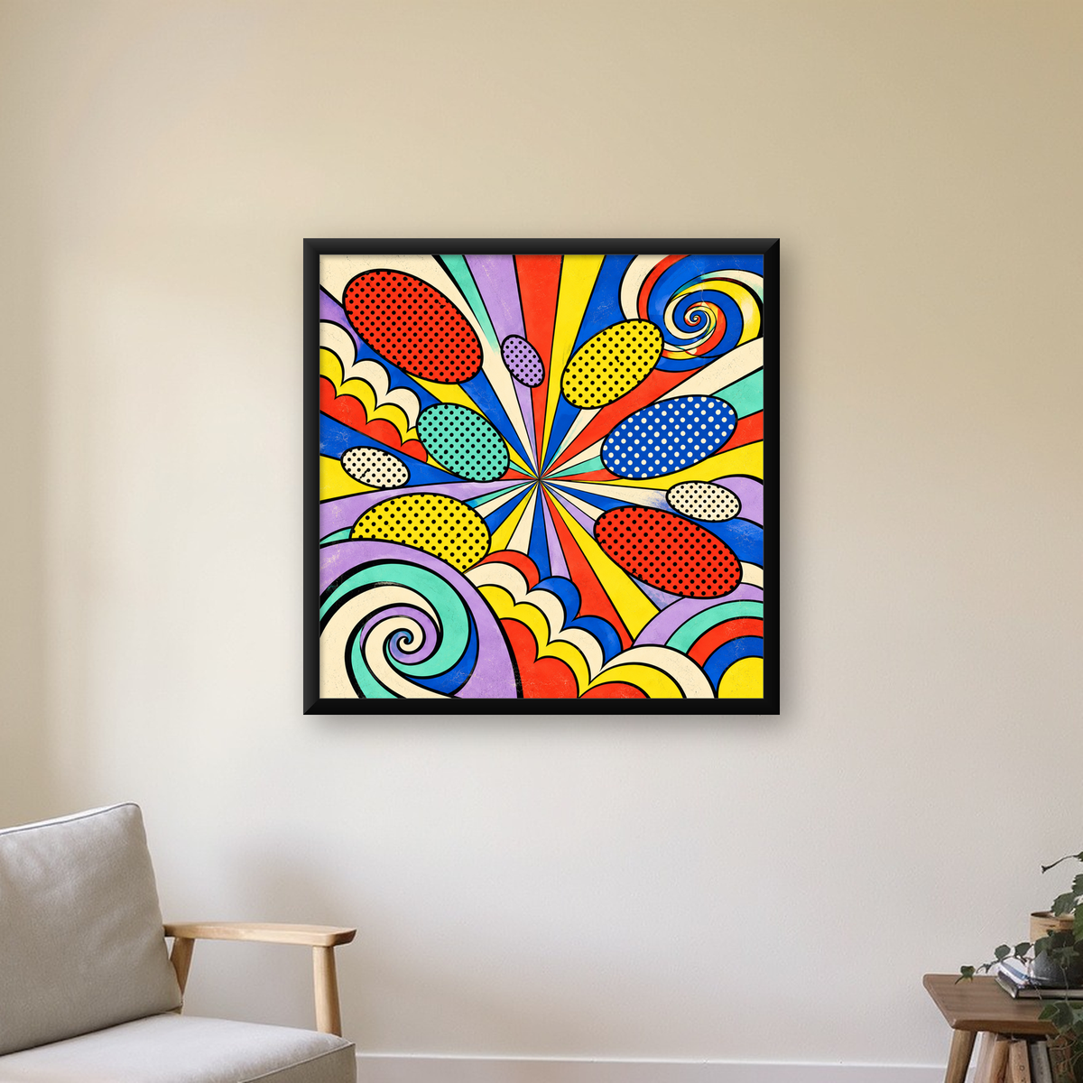 Retro Pop Art Desenli Renkli Patlayan Çizgili Poster — Kare baskı, çerçeveli hâliyle bir ev duvarında