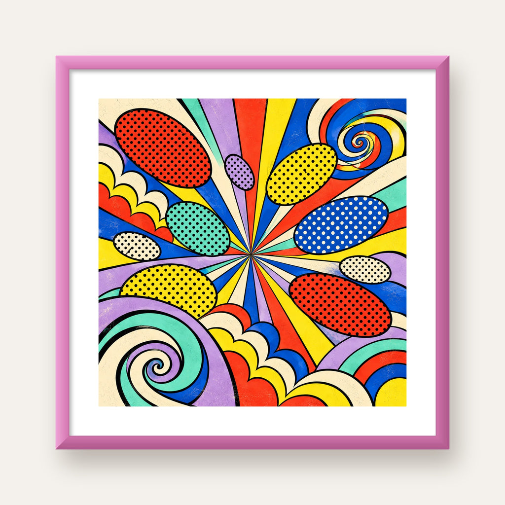 Retro Pop Art Desenli Renkli Patlayan Çizgili Poster — pembe çerçeveli paspartulu
