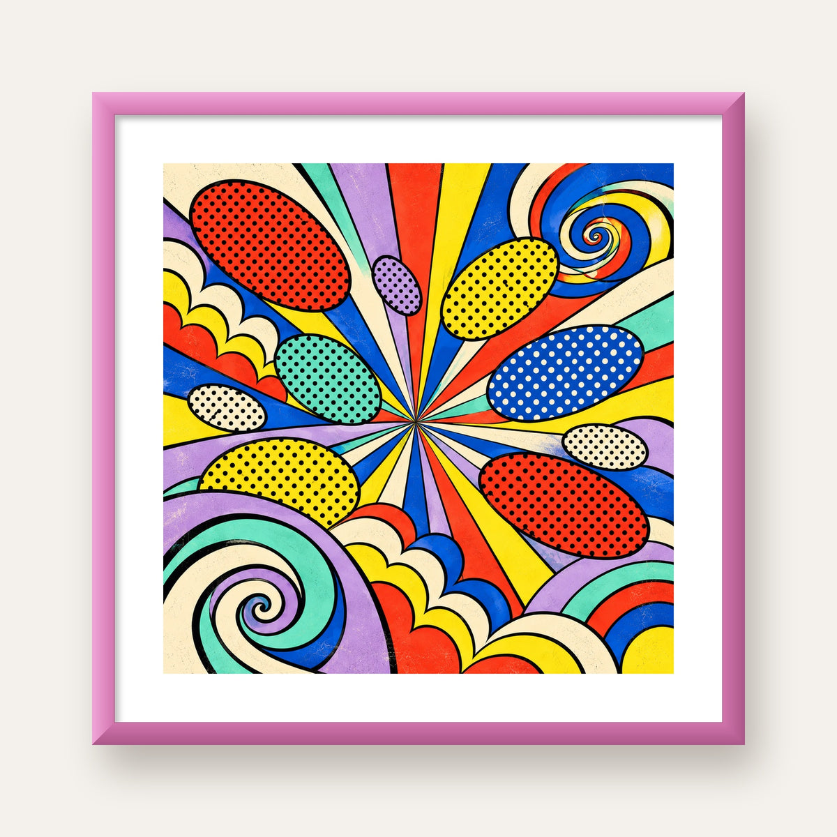 Retro Pop Art Desenli Renkli Patlayan Çizgili Poster — pembe çerçeveli paspartulu
