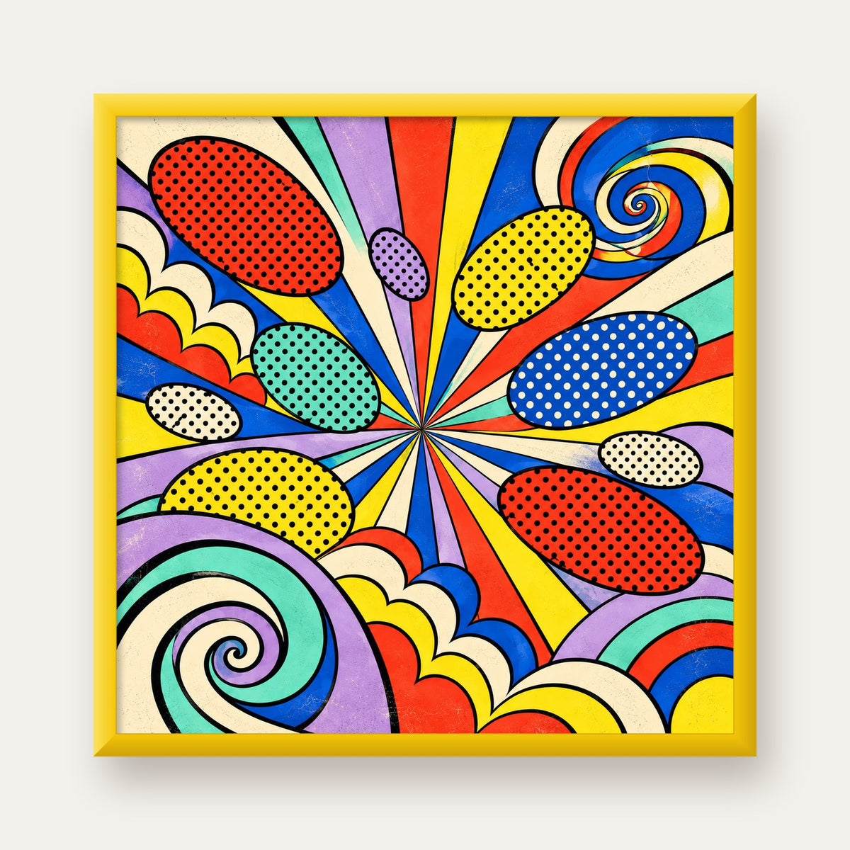 Retro Pop Art Desenli Renkli Patlayan Çizgili Poster — sarı çerçeveli