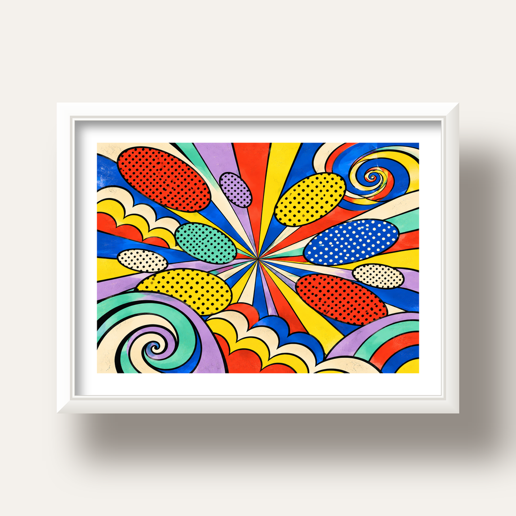 Retro Pop Art Desenli Renkli Patlayan Çizgili Poster — beyaz derin çerçeveli paspartulu