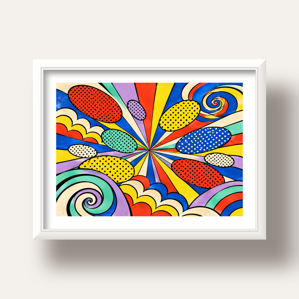 Retro Pop Art Desenli Renkli Patlayan Çizgili Poster — beyaz derin çerçeveli paspartulu