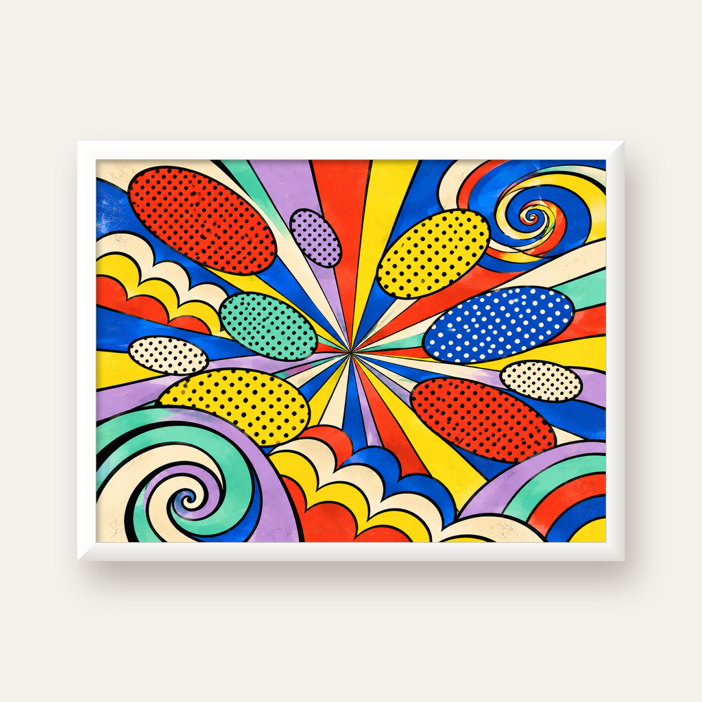 Retro Pop Art Desenli Renkli Patlayan Çizgili Poster — beyaz çerçeveli yatay poster