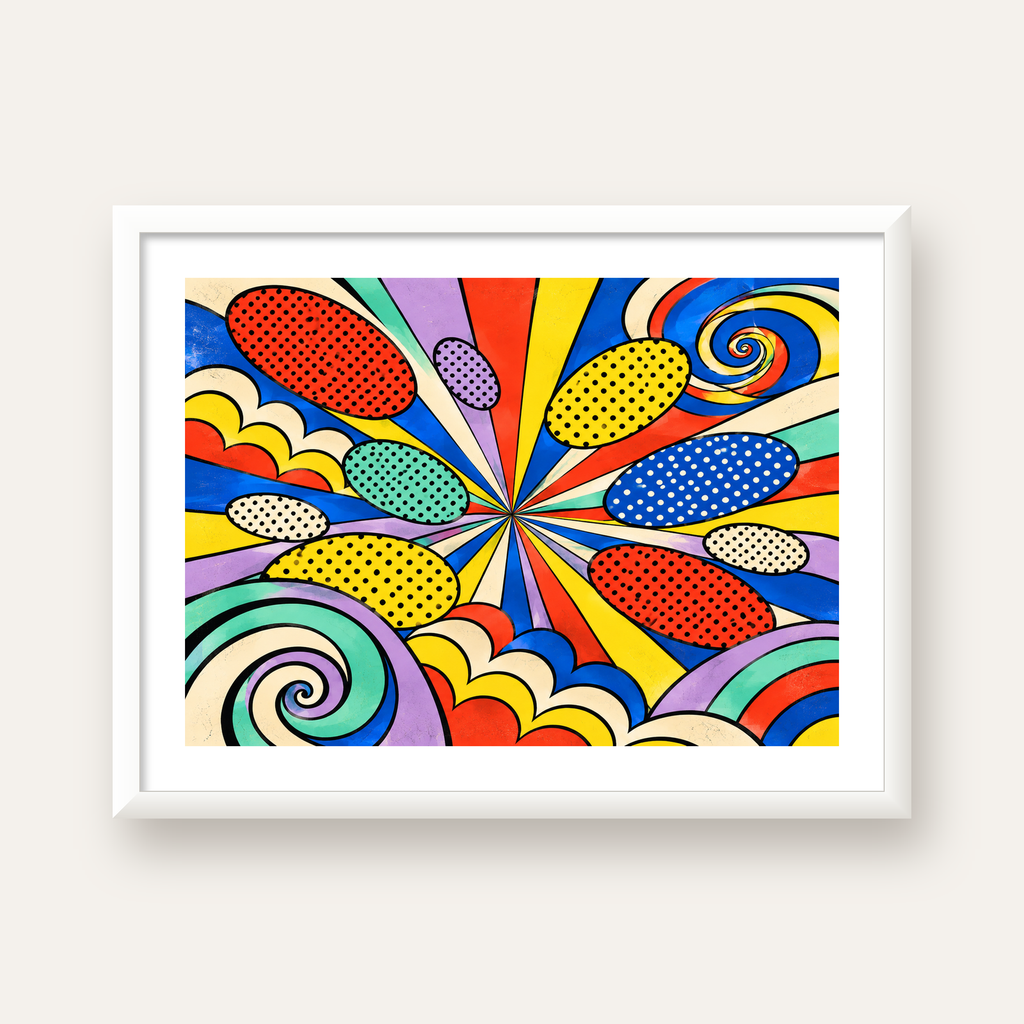 Retro Pop Art Desenli Renkli Patlayan Çizgili Poster — beyaz çerçeveli yatay poster