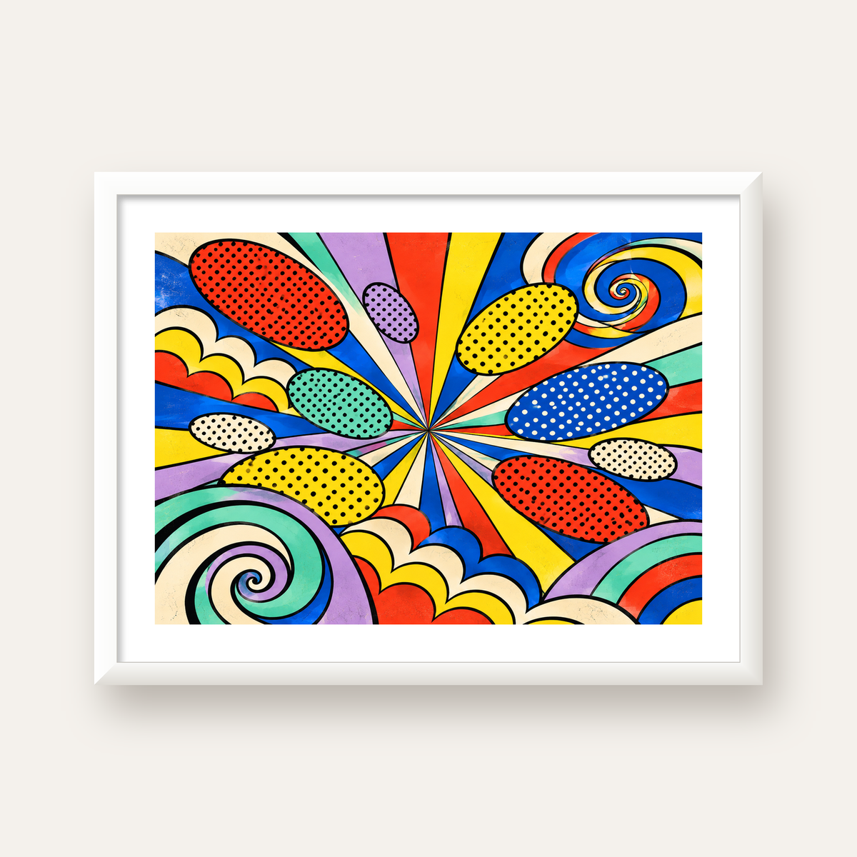 Retro Pop Art Desenli Renkli Patlayan Çizgili Poster — beyaz çerçeveli yatay poster