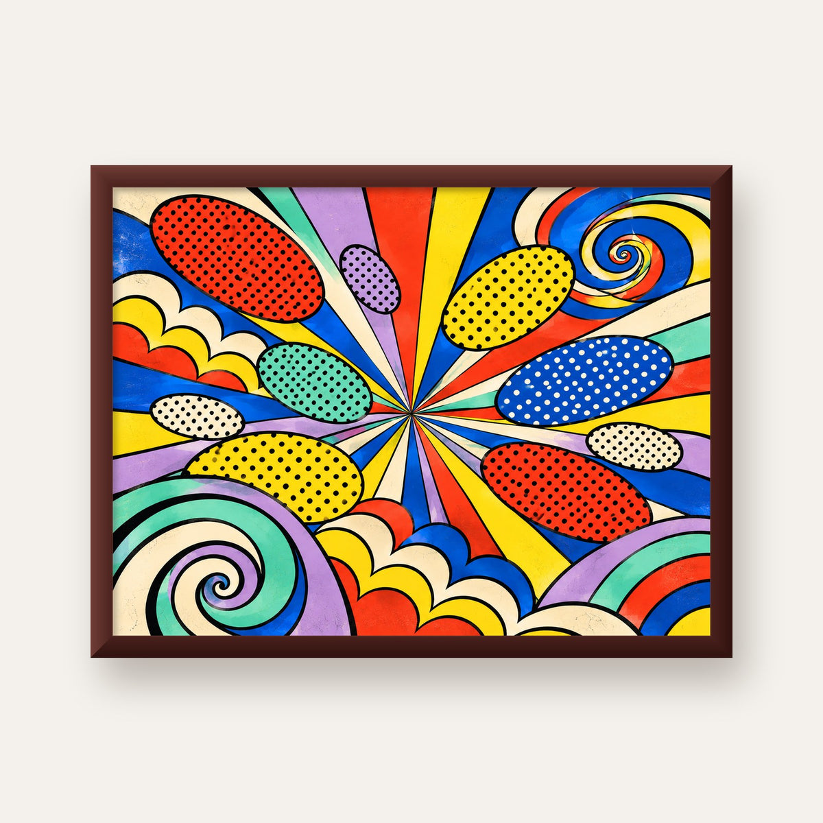 Retro Pop Art Desenli Renkli Patlayan Çizgili Poster — ceviz çerçeveli