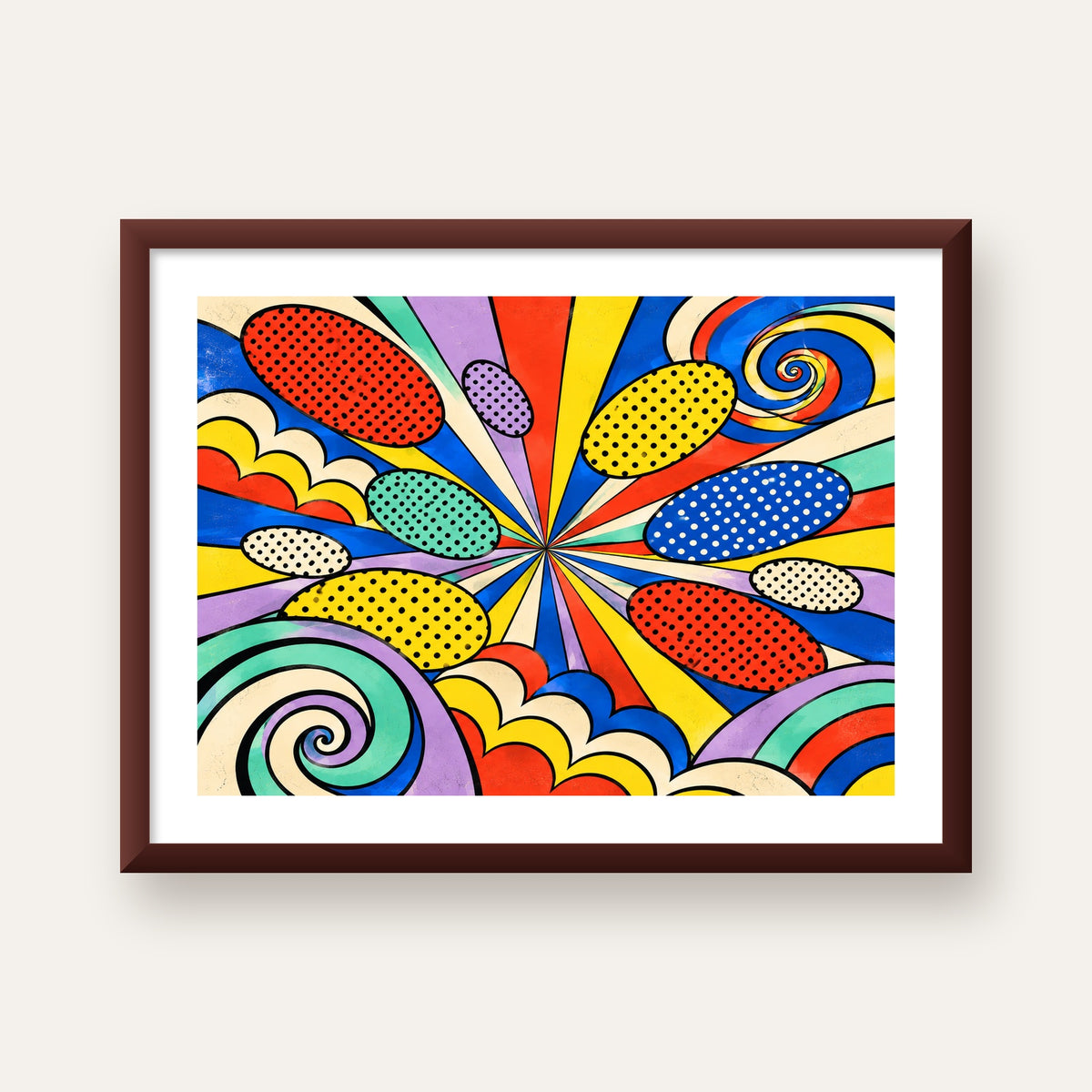 Retro Pop Art Desenli Renkli Patlayan Çizgili Poster — ceviz çerçeveli paspartulu