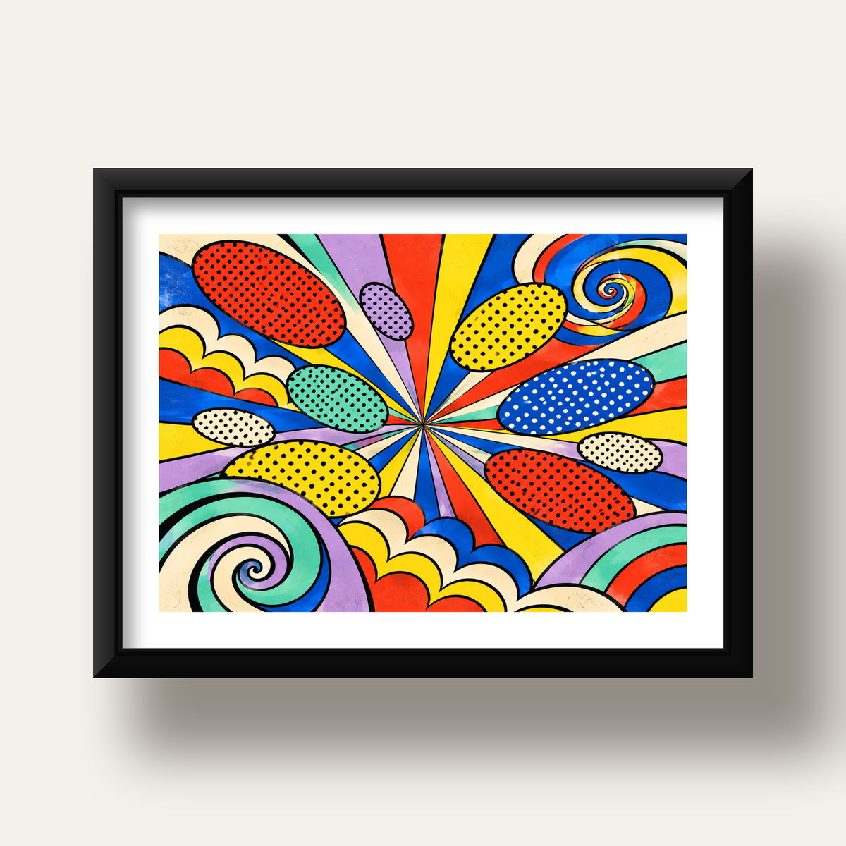 Retro Pop Art Desenli Renkli Patlayan Çizgili Poster — siyah derin çerçeveli paspartulu