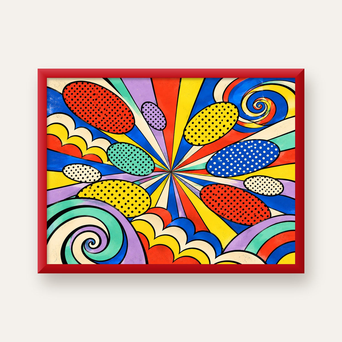 Retro Pop Art Desenli Renkli Patlayan Çizgili Poster — kırmızı çerçeveli