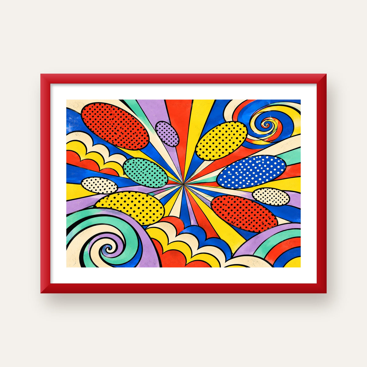 Retro Pop Art Desenli Renkli Patlayan Çizgili Poster — kırmızı çerçeveli paspartulu