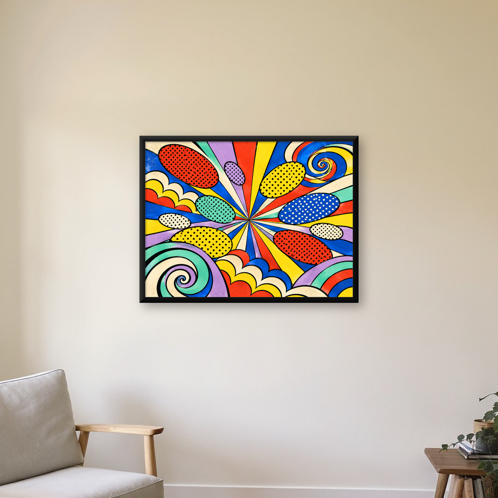 Retro Pop Art Desenli Renkli Patlayan Çizgili Poster — Yatay baskı, çerçeveli hâliyle bir ev duvarında