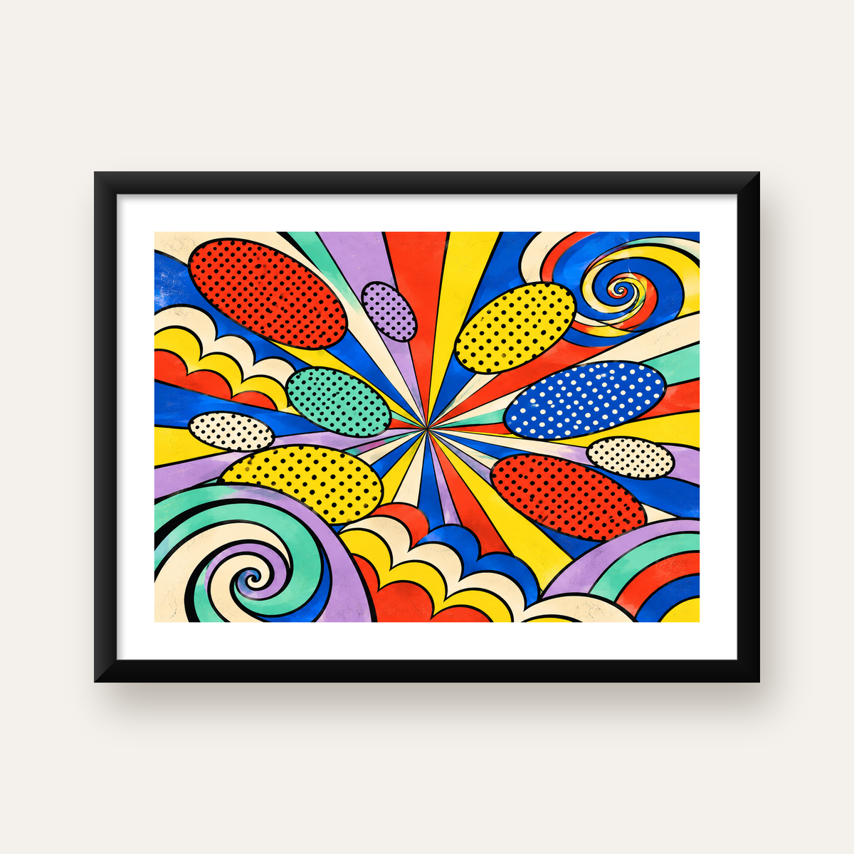 Retro Pop Art Desenli Renkli Patlayan Çizgili Poster — Yatay baskı, beyaz paspartulu