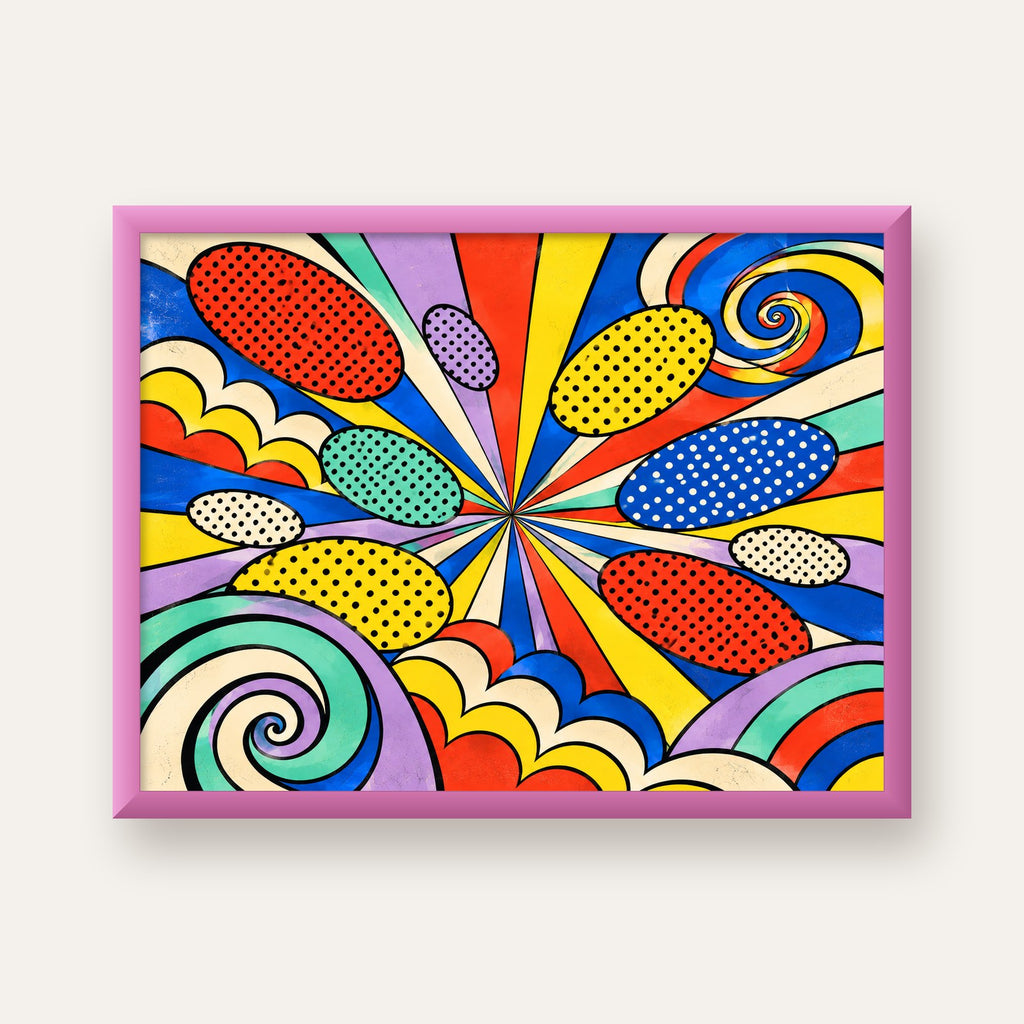 Retro Pop Art Desenli Renkli Patlayan Çizgili Poster — pembe çerçeveli