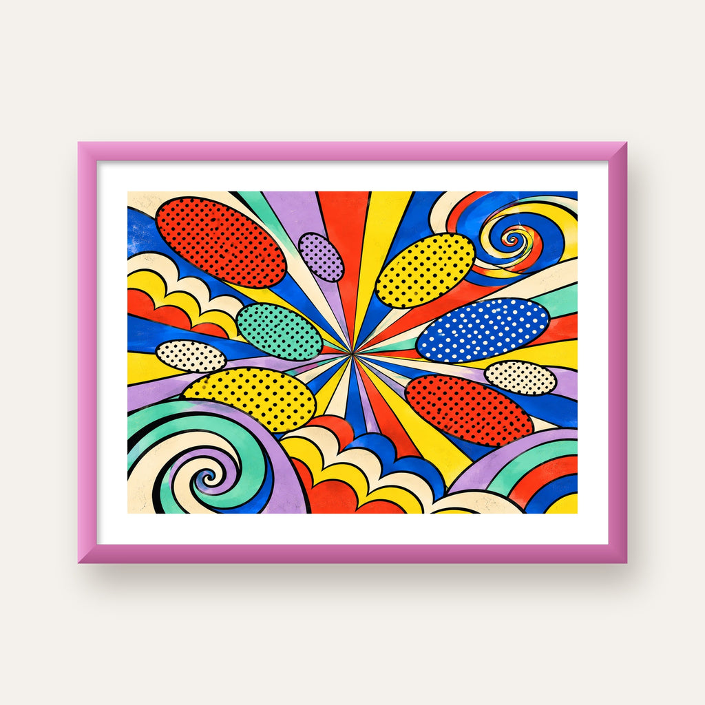 Retro Pop Art Desenli Renkli Patlayan Çizgili Poster — pembe çerçeveli paspartulu