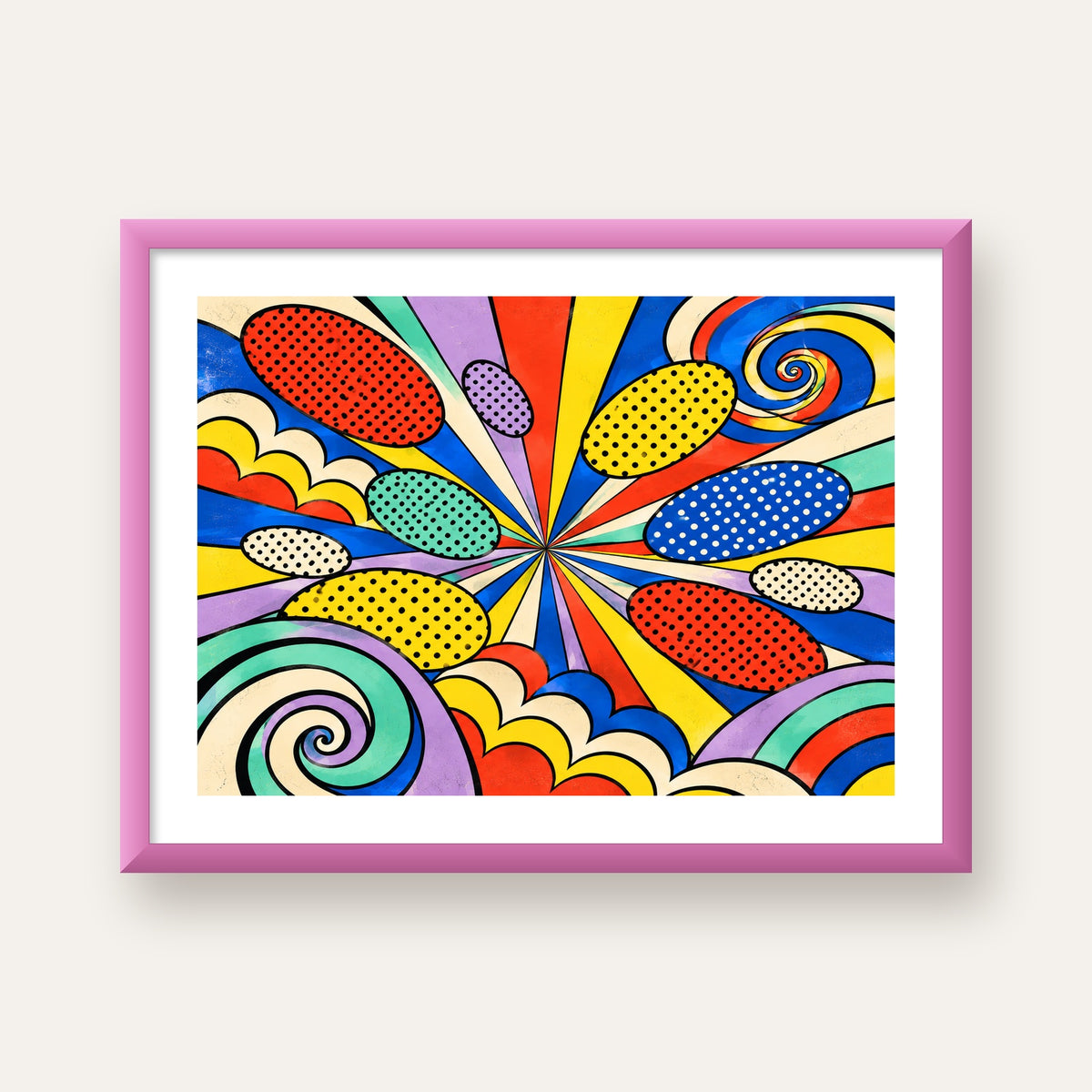Retro Pop Art Desenli Renkli Patlayan Çizgili Poster — pembe çerçeveli paspartulu
