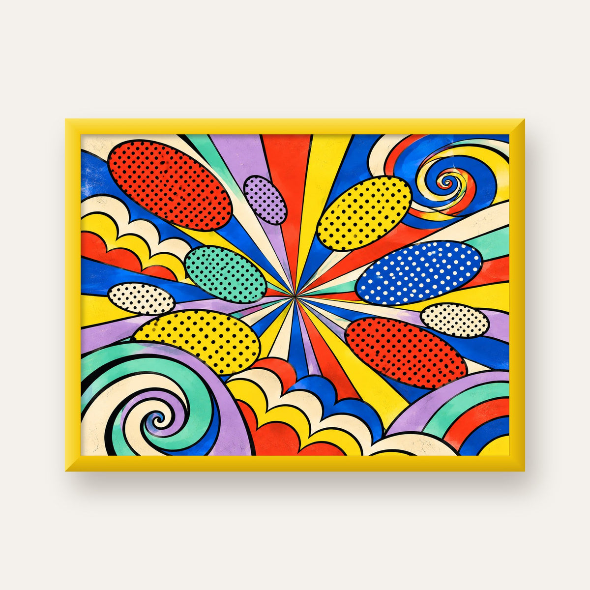 Retro Pop Art Desenli Renkli Patlayan Çizgili Poster — sarı çerçeveli
