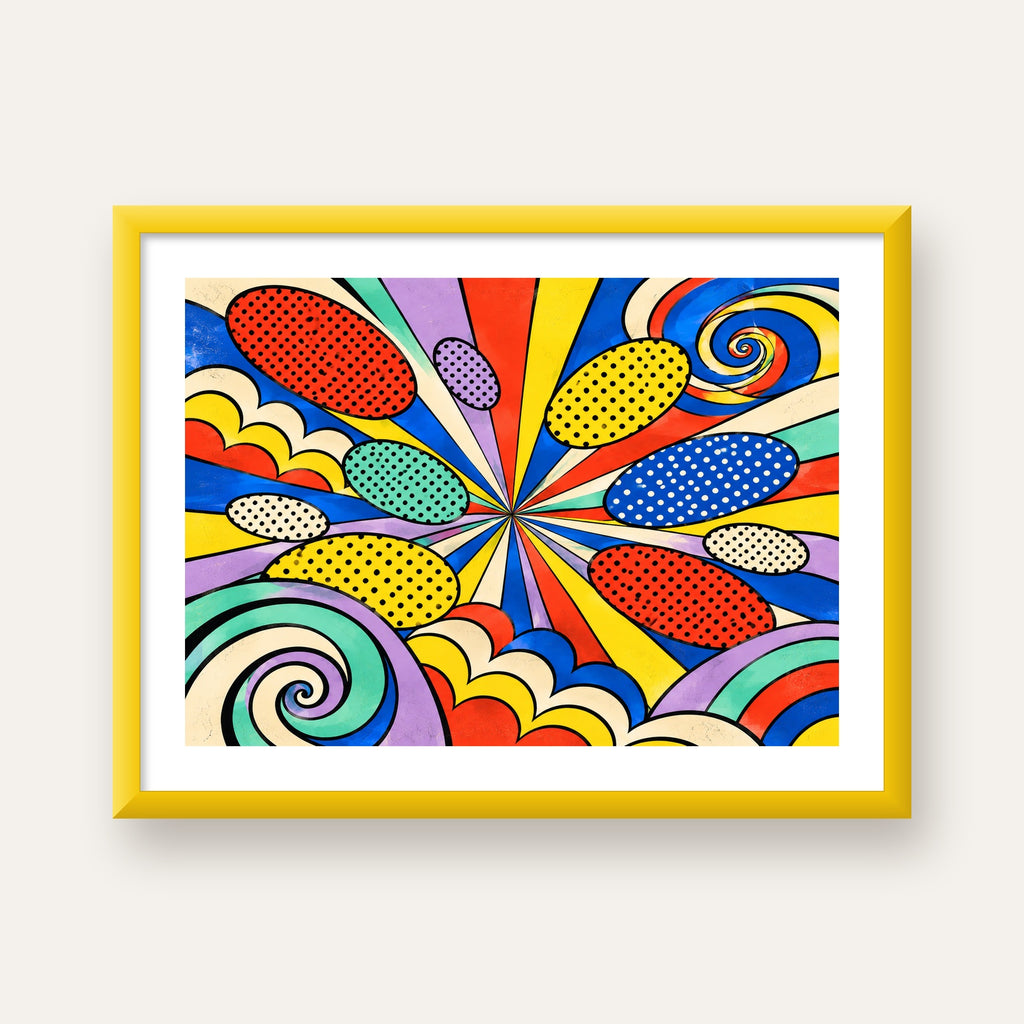 Retro Pop Art Desenli Renkli Patlayan Çizgili Poster — sarı çerçeveli paspartulu