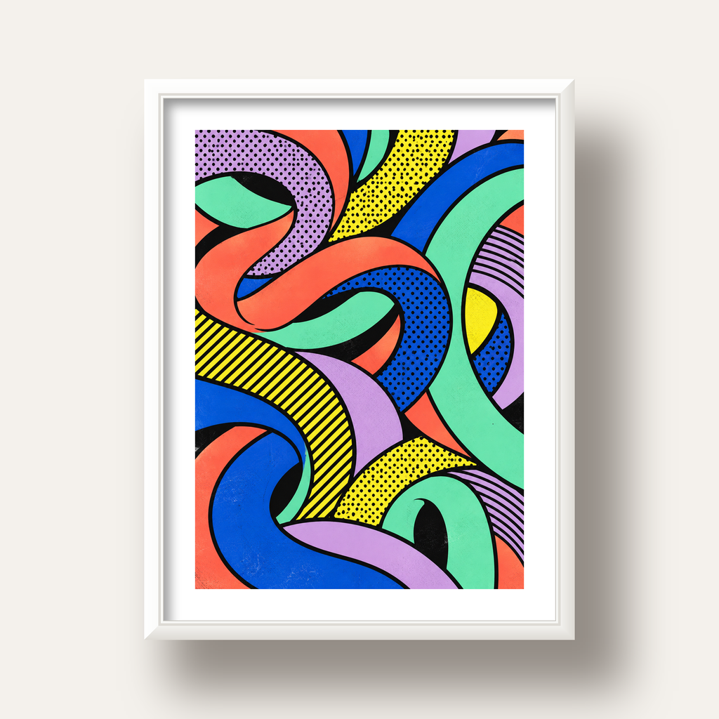 Renkli Pop Art Dalgalar Poster – Soyut Retro Duvar Dekoru — beyaz derin çerçeveli paspartulu