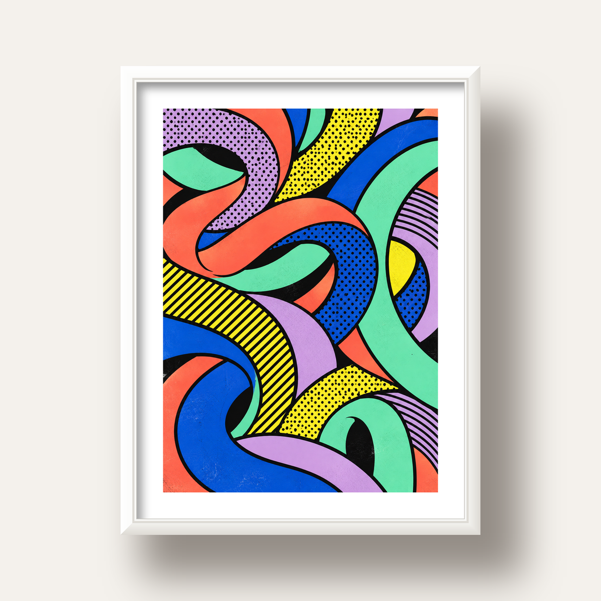 Renkli Pop Art Dalgalar Poster – Soyut Retro Duvar Dekoru — beyaz derin çerçeveli paspartulu