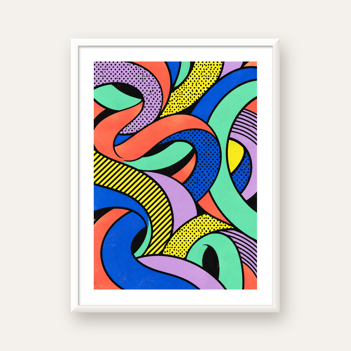 Renkli Pop Art Dalgalar Poster – Soyut Retro Duvar Dekoru — beyaz çerçeveli dikey poster