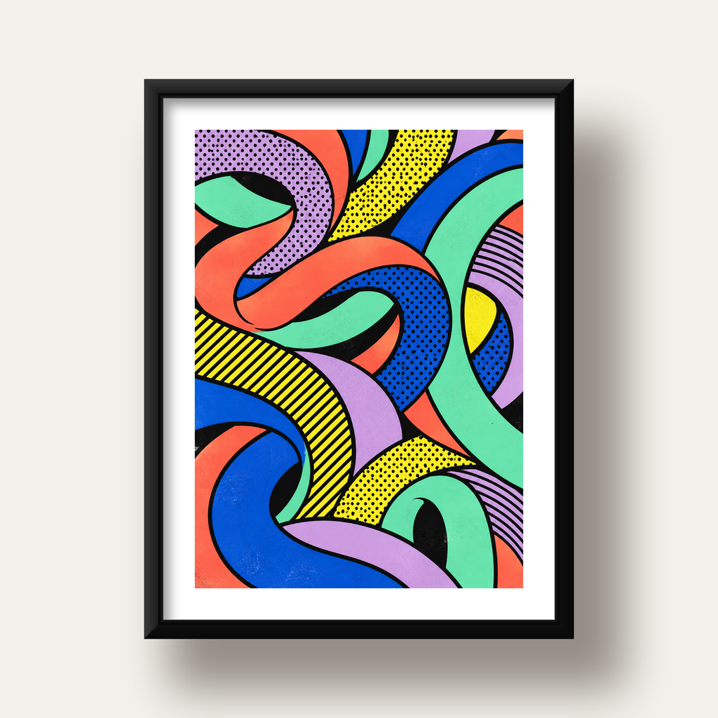 Renkli Pop Art Dalgalar Poster – Soyut Retro Duvar Dekoru — siyah derin çerçeveli paspartulu