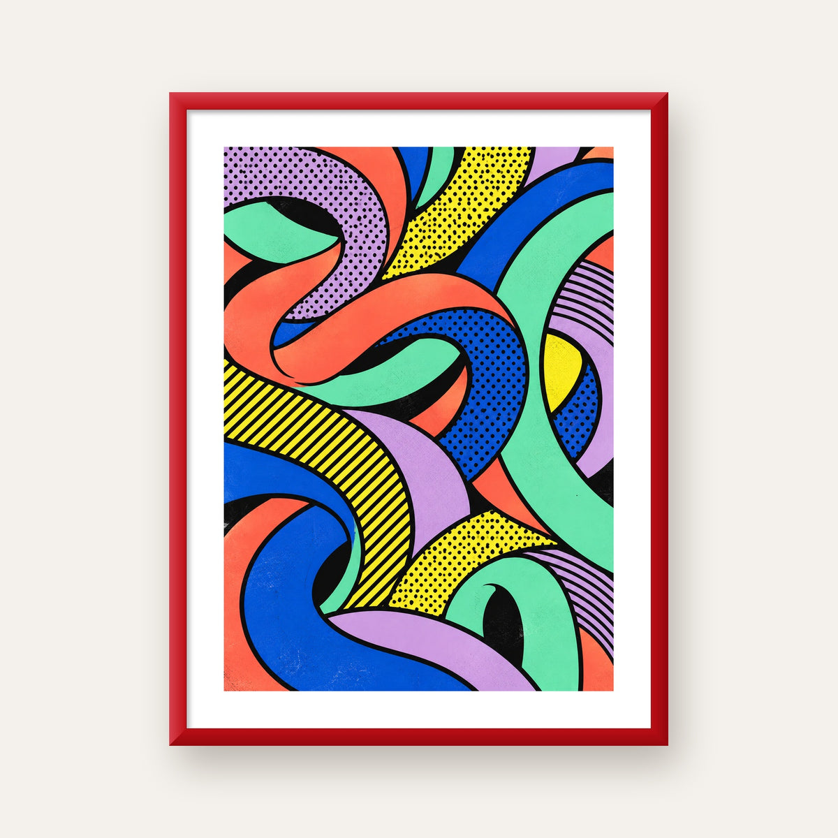 Renkli Pop Art Dalgalar Poster – Soyut Retro Duvar Dekoru — kırmızı çerçeveli paspartulu